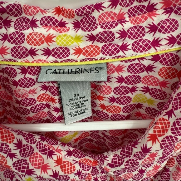 Catherines Button Up Top Womens Plus Size 3X 26/28W Pink Pineapple 3/4 Sleeve - Picture 6 of 8